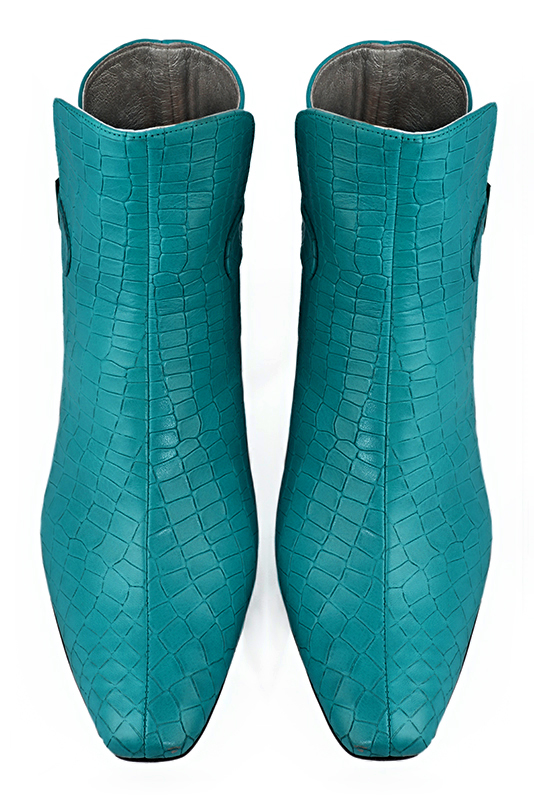 Turquoise blue women's ankle boots with buckles at the back. Square toe. Medium flare heels. Top view - Florence KOOIJMAN